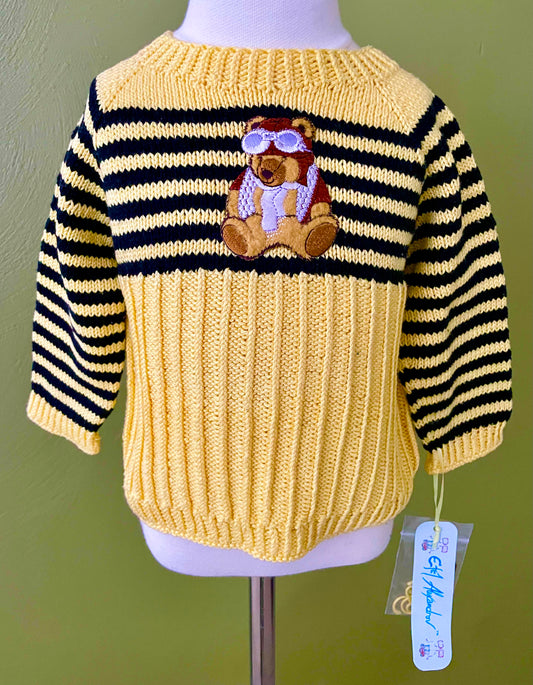 Bomber Bear applique on yellow pullover with black stripes. mercerized cotton